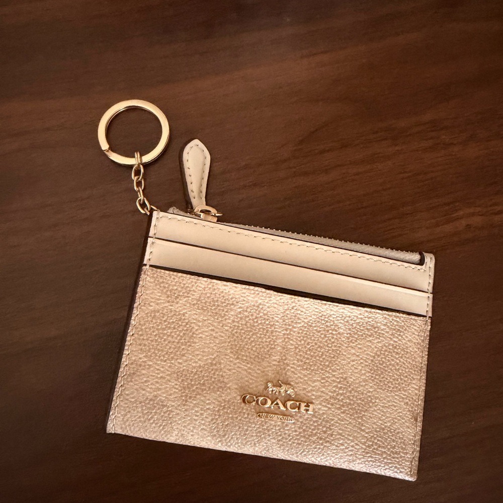 Coach Metallic Rose Gold Card Case Keyring - Cream Trim